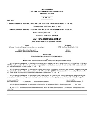 Thumbnail C&F Financial Corporation

 10-Q Quarterly Report FY 