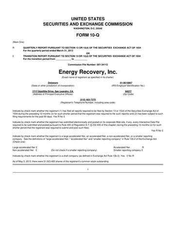 Thumbnail Energy Recovery
 10-Q Quarterly Report FY2013 