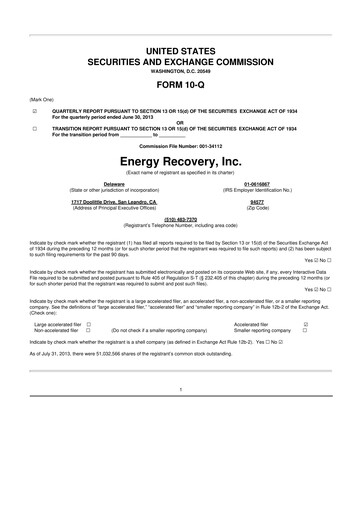 Thumbnail Energy Recovery
 10-Q Quarterly Report FY2013 