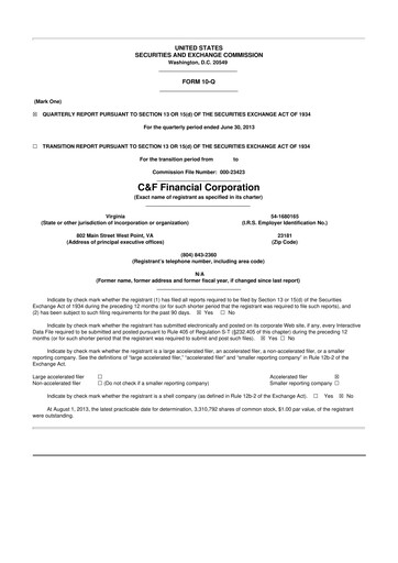 Thumbnail C&F Financial Corporation

 10-Q Quarterly Report FY 