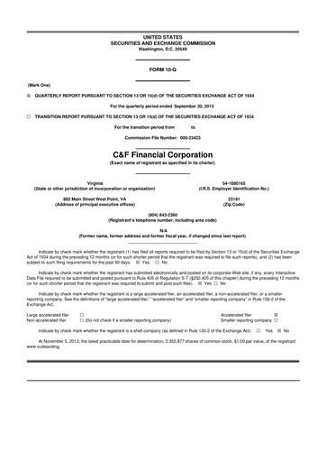 Thumbnail C&F Financial Corporation

 10-Q Quarterly Report FY 