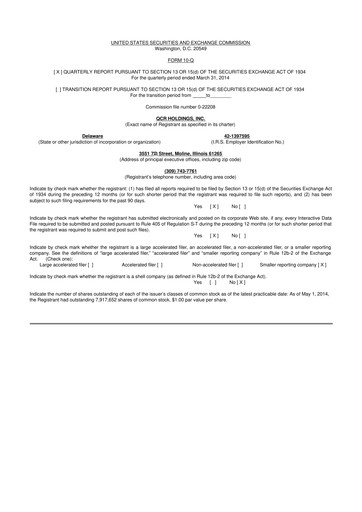 Miniature QCR Holdings
 10-Q Rapport trimestriel 2014 