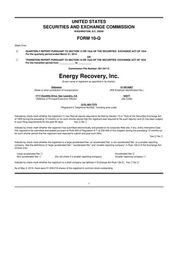 Thumbnail Energy Recovery
 10-Q Quarterly Report FY2014 
