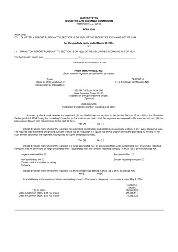 Thumbnail Rush Enterprises
 10-Q Quarterly Report FY2014 