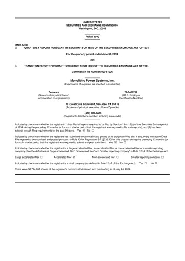 Thumbnail Monolithic Power Systems 10-Q Quarterly Report FY2014 