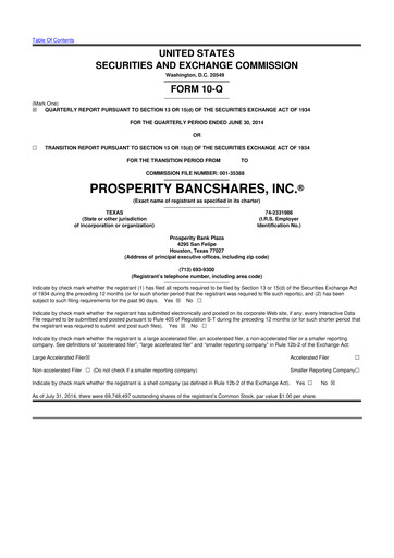 Thumbnail Prosperity Bancshares
 10-Q Quarterly Report FY2014 