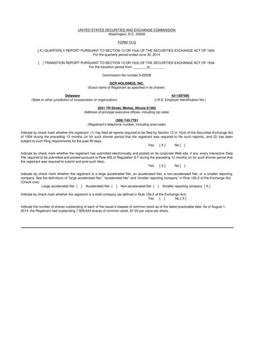 Miniature QCR Holdings
 10-Q Rapport trimestriel 2014 