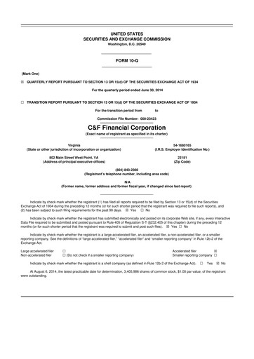 Thumbnail C&F Financial Corporation

 10-Q Quarterly Report FY 