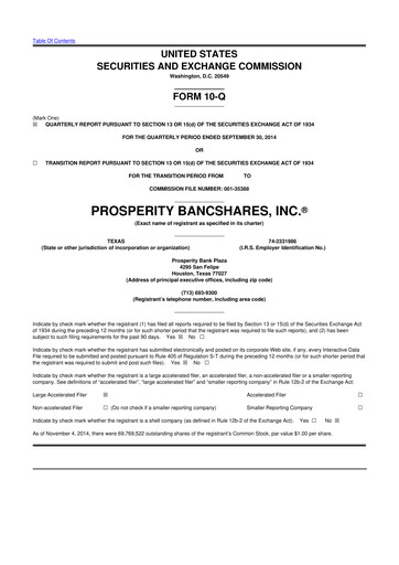 Thumbnail Prosperity Bancshares
 10-Q Quarterly Report FY2014 