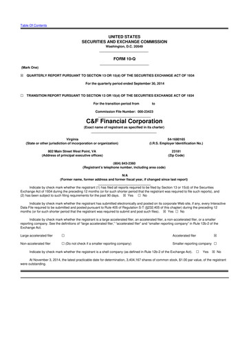 Thumbnail C&F Financial Corporation

 10-Q Quarterly Report FY 