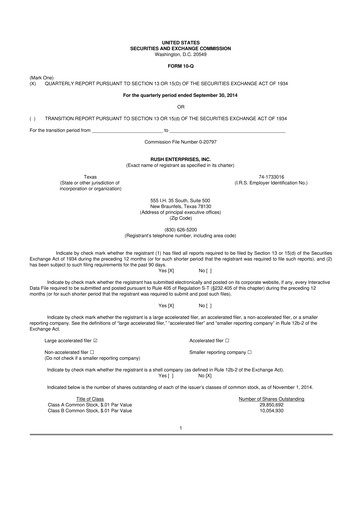 Thumbnail Rush Enterprises
 10-Q Quarterly Report FY2014 