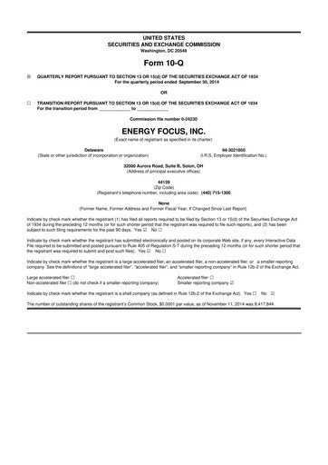 Miniature Energy Focus 10-Q Rapport trimestriel 2014 