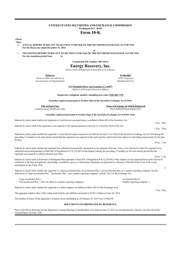 Thumbnail Energy Recovery
 10-K Annual Report 2014