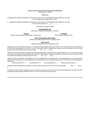 Miniature QCR Holdings
 10-Q Rapport trimestriel 2015 