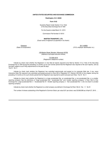 Thumbnail Marten Transport 10-Q Quarterly Report FY2015 