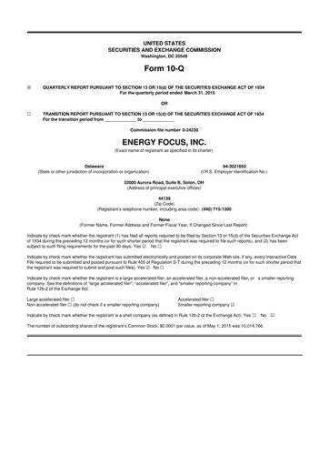 Miniature Energy Focus 10-Q Rapport trimestriel 2015 