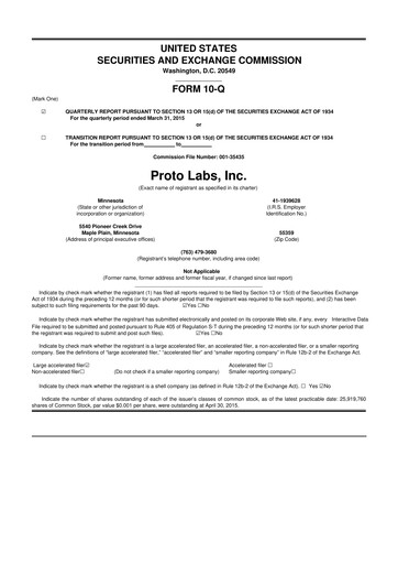 Thumbnail Protolabs 10-Q Quarterly Report FY2015 