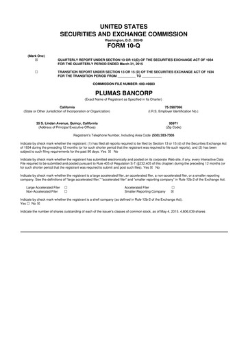 Miniature Plumas Bancorp 10-Q Rapport trimestriel 2015 