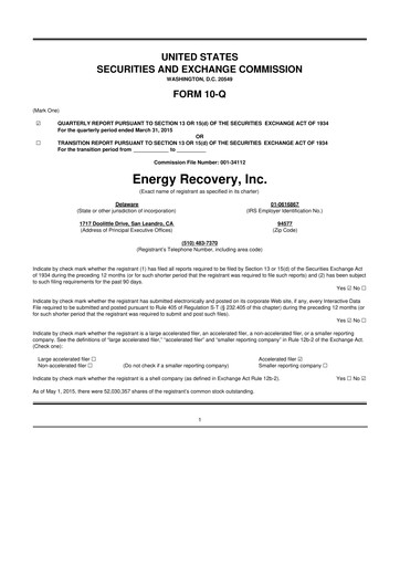 Thumbnail Energy Recovery
 10-Q Quarterly Report FY2015 