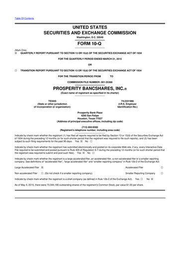 Thumbnail Prosperity Bancshares
 10-Q Quarterly Report FY2015 