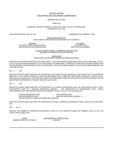 Thumbnail Colony Bankcorp 10-Q Quarterly Report FY2015 