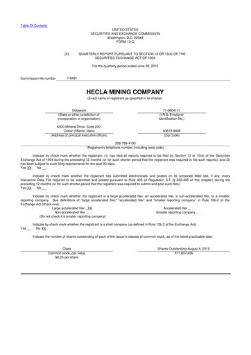 Thumbnail Hecla Mining
 10-Q Quarterly Report FY2015 