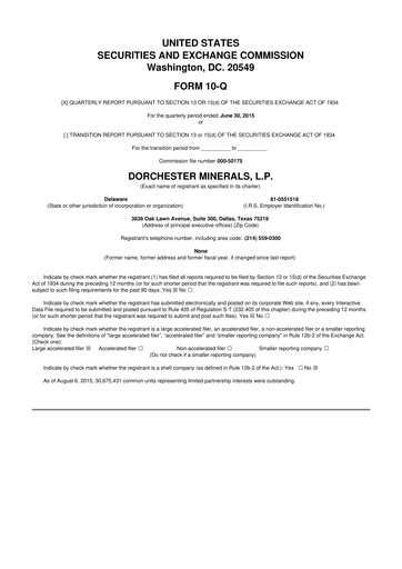 Miniature Dorchester Minerals 10-Q Rapport trimestriel 2015 