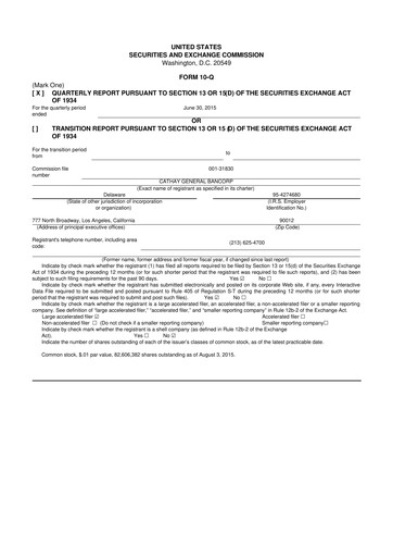 Thumbnail Cathay General Bancorp 10-Q Quarterly Report FY 