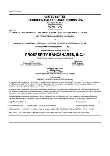 Thumbnail Prosperity Bancshares
 10-Q Quarterly Report FY2015 