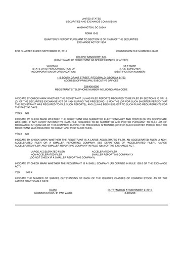 Thumbnail Colony Bankcorp 10-Q Quarterly Report FY2015 