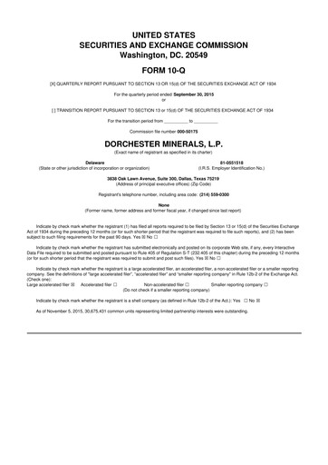 Miniature Dorchester Minerals 10-Q Rapport trimestriel 2015 