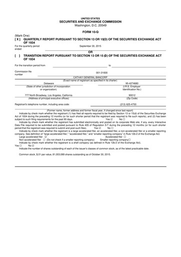 Thumbnail Cathay General Bancorp 10-Q Quarterly Report FY 