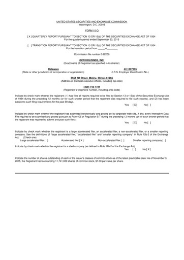 Miniature QCR Holdings
 10-Q Rapport trimestriel 2015 
