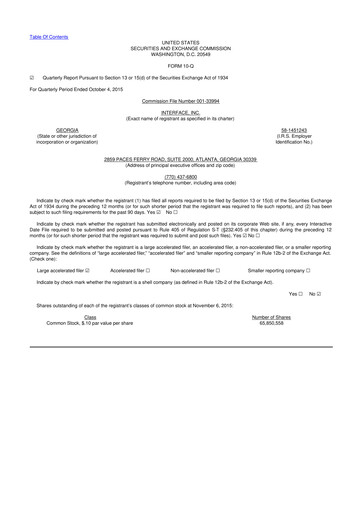 Vorschaubild Interface, Inc. 10-Q Quartalsbericht 2015 