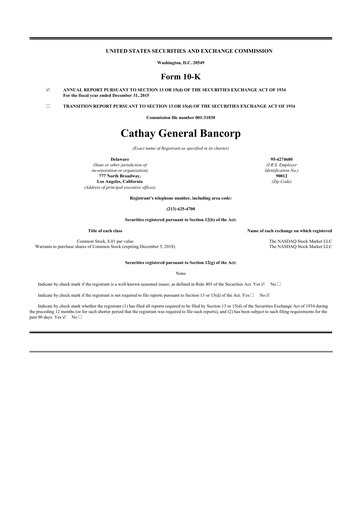 Thumbnail Cathay General Bancorp 10-K Annual Report 2015