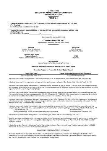 Thumbnail Colony Bankcorp 10-K Annual Report 2015
