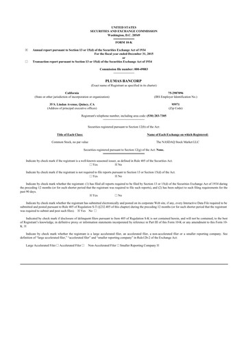 Thumbnail Plumas Bancorp 10-K Annual Report 2015