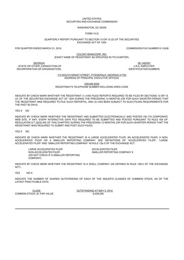 Thumbnail Colony Bankcorp 10-Q Quarterly Report FY2016 