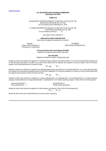 Thumbnail Mercantile Bank 10-Q Quarterly Report FY2016 