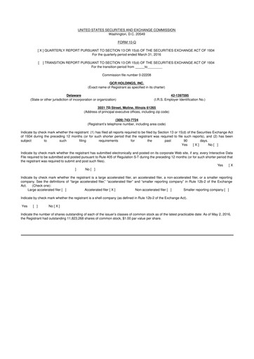 Miniature QCR Holdings
 10-Q Rapport trimestriel 2016 