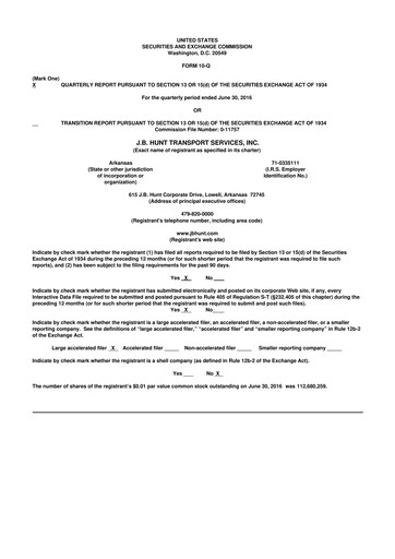 Thumbnail J. B. Hunt
 10-Q Quarterly Report FY2016 