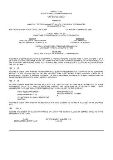 Thumbnail Colony Bankcorp 10-Q Quarterly Report FY2016 