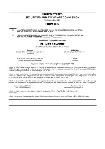 Miniature Plumas Bancorp 10-Q Rapport trimestriel 2016 