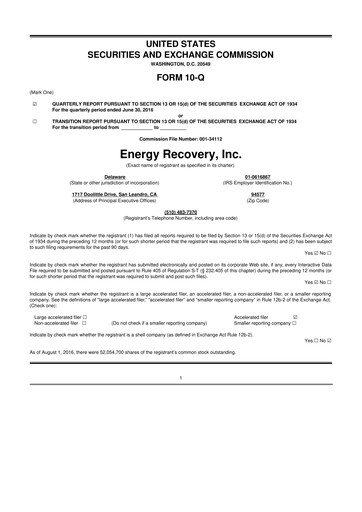 Thumbnail Energy Recovery
 10-Q Quarterly Report FY2016 