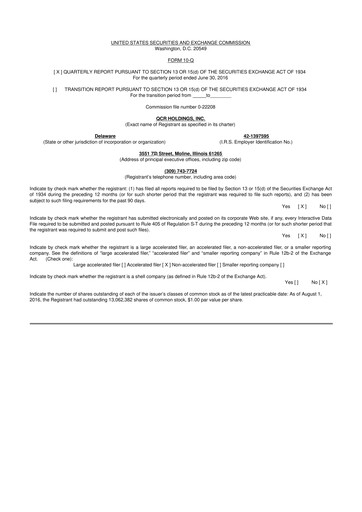 Miniature QCR Holdings
 10-Q Rapport trimestriel 2016 