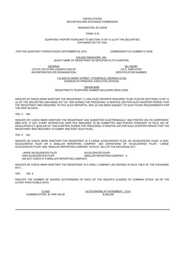 Thumbnail Colony Bankcorp 10-Q Quarterly Report FY2016 