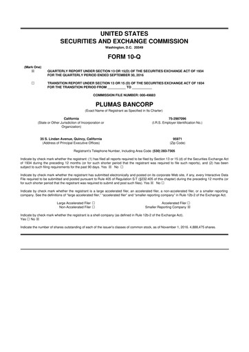 Miniature Plumas Bancorp 10-Q Rapport trimestriel 2016 