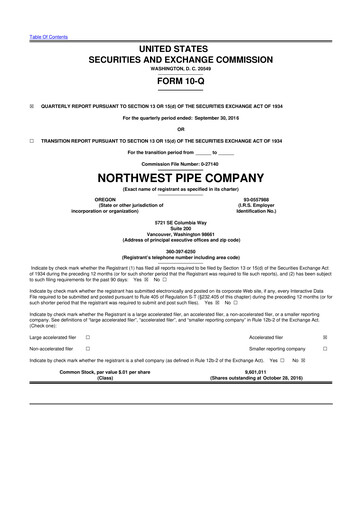 Miniature Northwest Pipe Company
 10-Q Rapport trimestriel 2016 