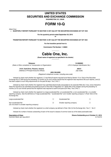 Thumbnail Cable One 10-Q Quarterly Report FY2016 