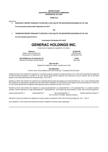 Vorschaubild Generac 10-Q Quartalsbericht 2016 